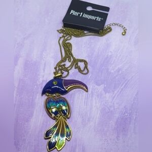 Pier 1 Imports Toucan Bird Necklace 4" Swirled Enamel Pendant 28" Chain